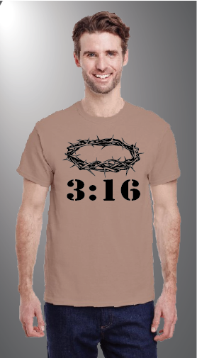 John 3:16 on Gildan G500 front Brown