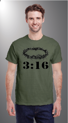 John 3:16 on Gildan G500 front Military Green