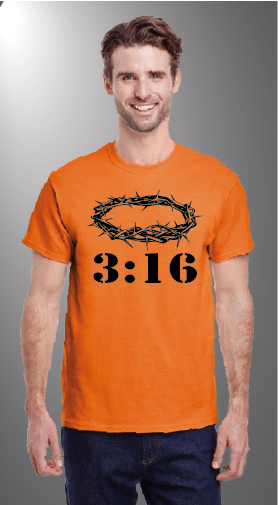 John 3:16 on Gildan G500 front Safety Orange