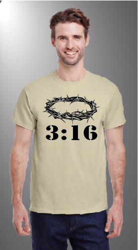 John 3:16 on Gildan G500 front Tan